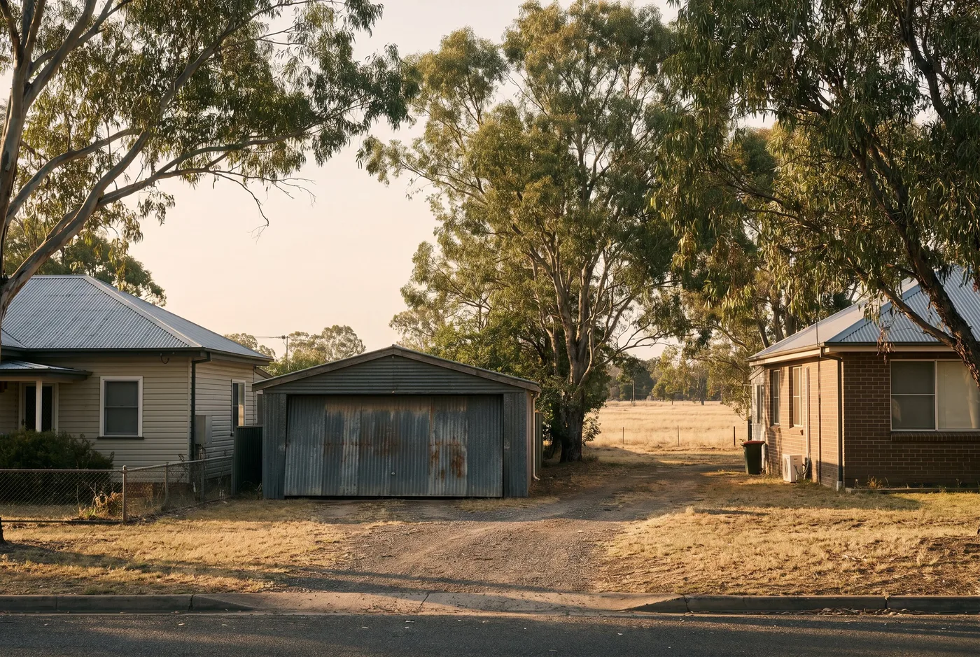 A quiet established Singleton street: weatherboard cottages, mature gums and an older corrugated double garage